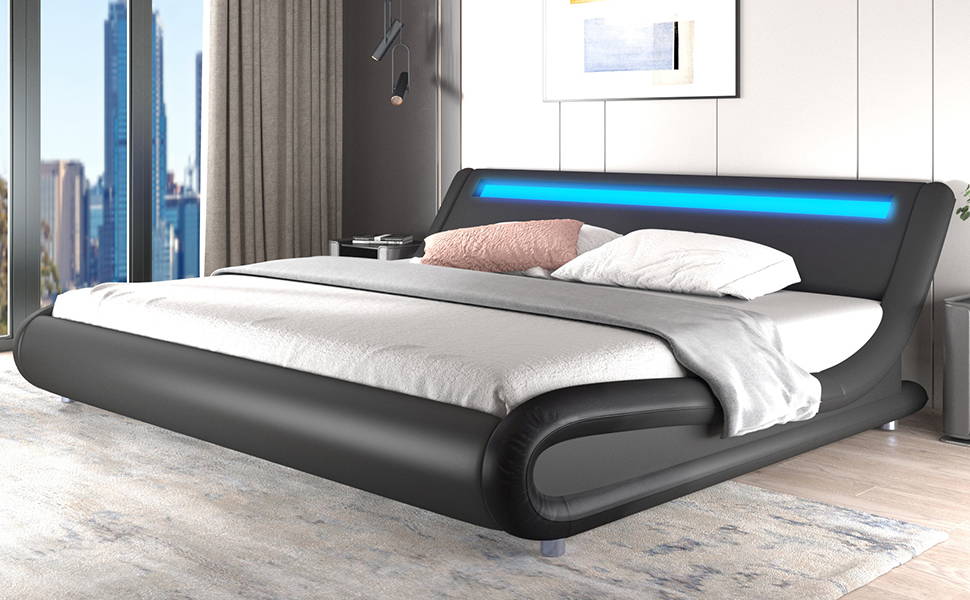 Wave Like Curve Deluxe Upholstered Modern Bed Frame with LED Headboard SHA CERLIN